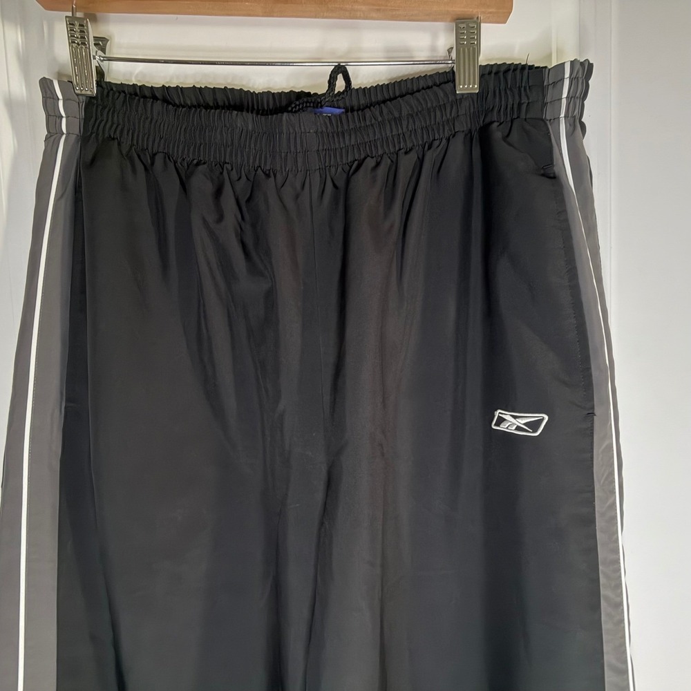 Vintage Y2K Reebok Mens Nylon Track Pants Black Striped Zipper Ankle Mens 32x30